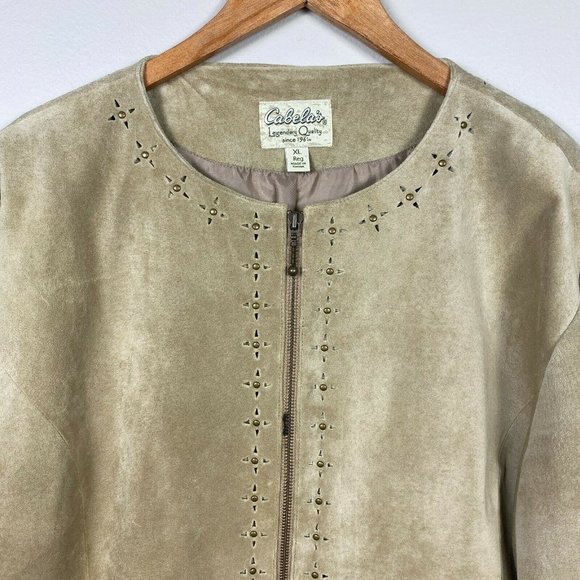 Cabelas Suede Leather‎ Jacket Lazer Cut Out Studded Full Zip Lightweight - Picture 2 of 11